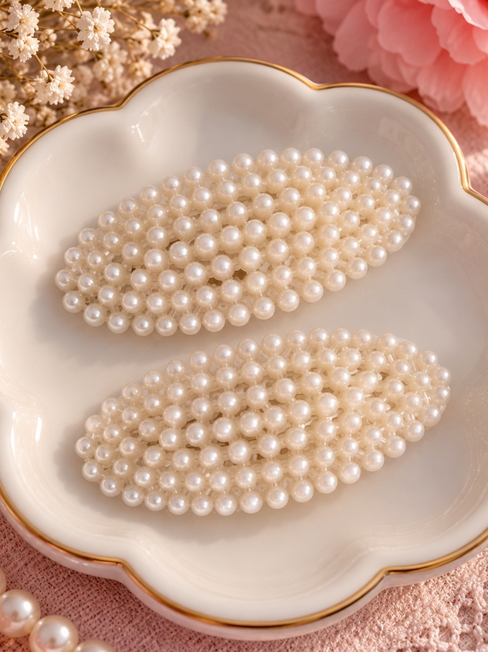 Pearl Beaded Hair Clips - Cream Oval Set New